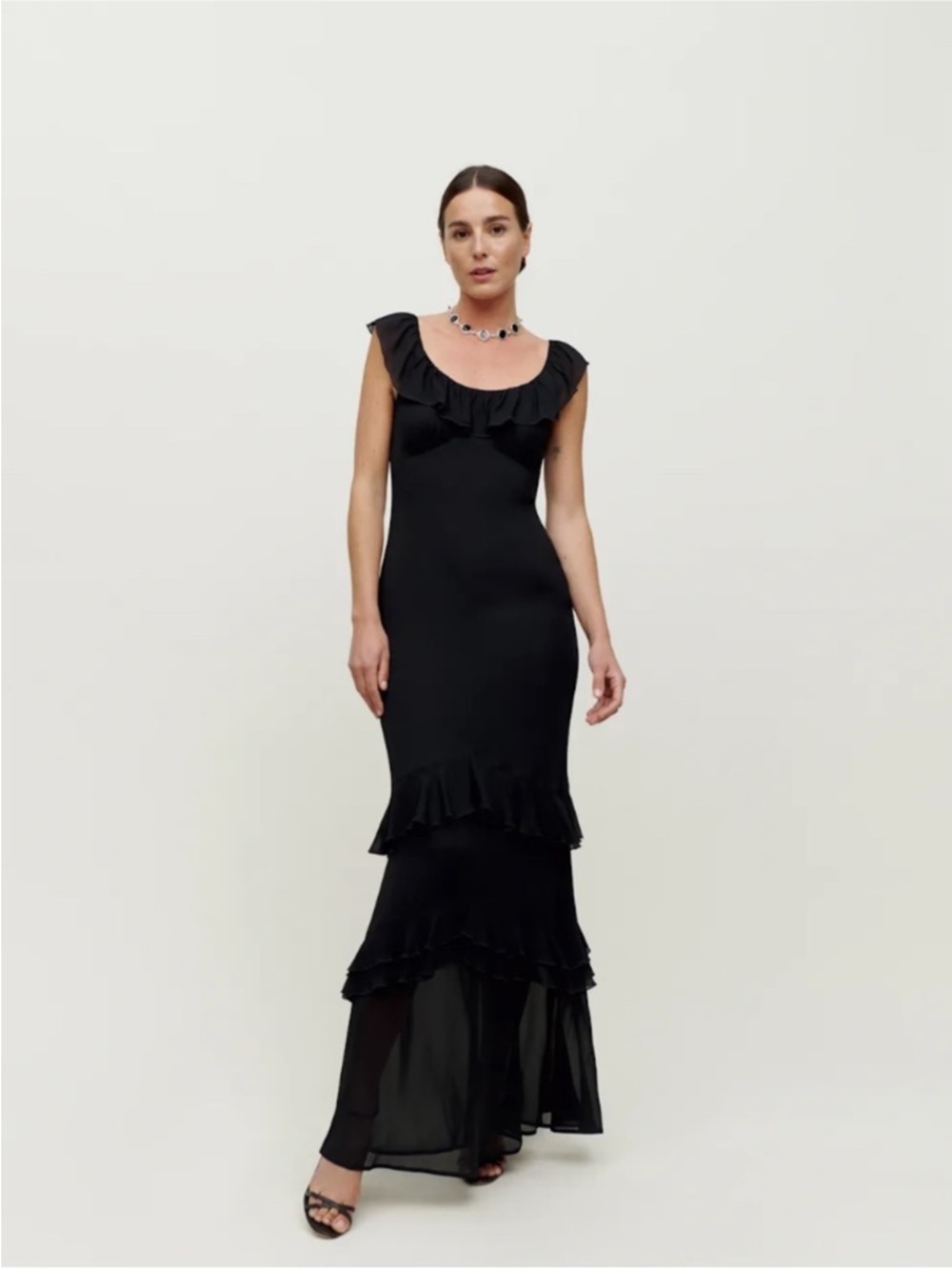 NEW Reformation Tripoli Dress Black Maxi Ruffle Tiered Cap Sleeve Fitted Gown 2 - Picture 2 of 11